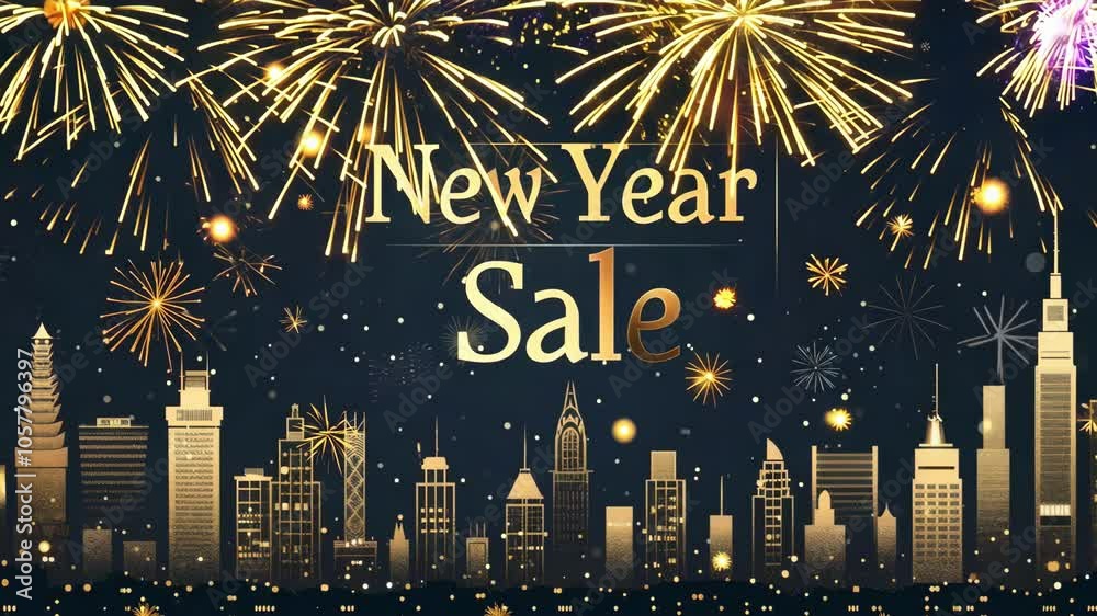Christmas sale design A poster for a New Year Sale featuring a city skyline with fireworks in the background. The poster is gold and black and has a festive, celebratory mood