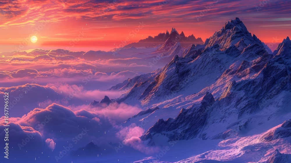 Vibrant winter sunset illuminating snow-covered peaks above misty clouds