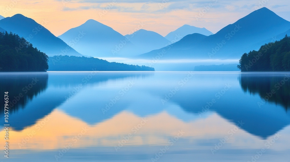 A serene mountain lake with a mirror-like reflection of the surrounding hills and a misty morning atmosphere. A serene mountain lake with a mirror-like reflection of the surrounding hills and a misty morning atmosphere.