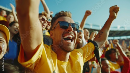 Victory celebration by sport fans in stadium, laughing and shouting, waving hands, capturing moment, clear sky, copy space