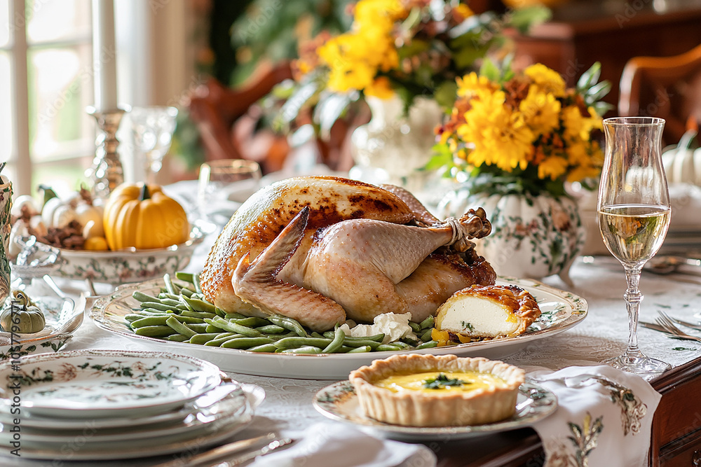 A beautifully set table with an array of traditional Thanksgiving turkey dishes A beautifully set table with an array of traditional Thanksgiving turkey dishes