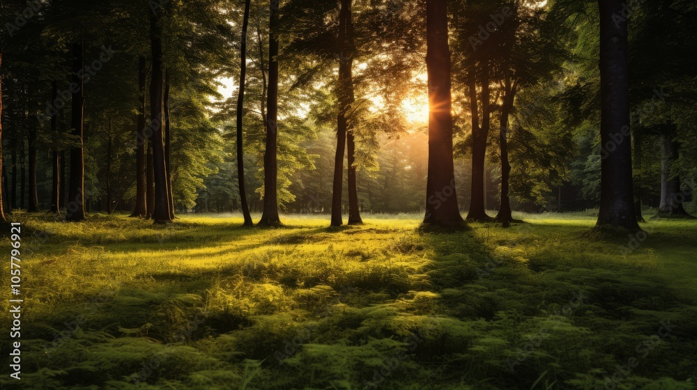 Obraz premium Warm sunset light highlighting green grass in a summer woodland