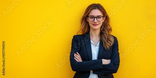  Photo of a smiling businesswoman standing with arms crossed against a yellow background copy space background 