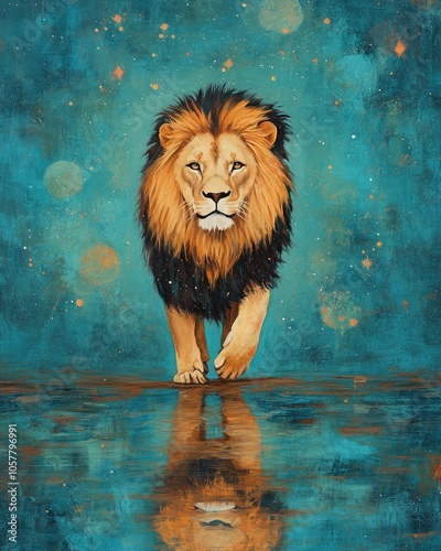 A majestic lion with a black mane walks towards the viewer against a starry night sky. Its reflection is seen in a calm pool of water. photo