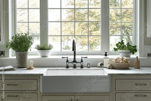 Bright kitchen sink with potted herbs by the window during a sunny afternoon
