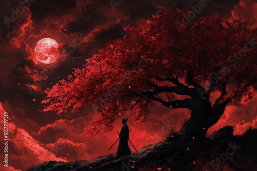 A solitary figure stands beneath a red tree during a dramatic sunset in an en...