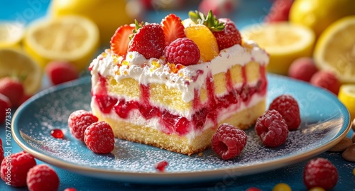 Colorful dessert with layers of cream and fresh fruits served on a light blue...