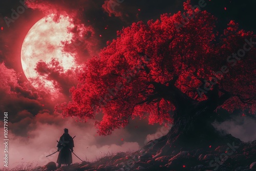 A solitary figure stands beneath a red tree during a dramatic sunset in an en...