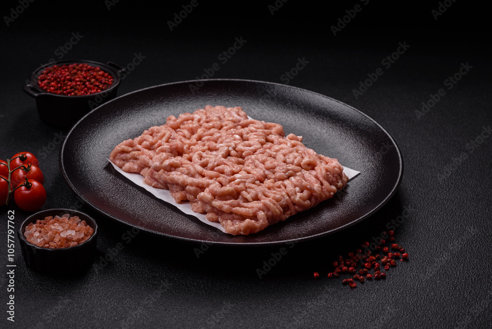 Raw minced chicken with salt, spices and herbs Raw minced chicken with salt, spices and herbs