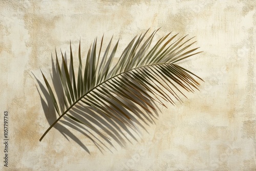 A single palm leaf casting intricate shadows on a textured beige background i...