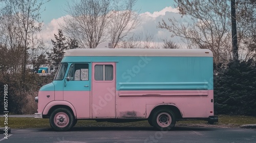 colourful ,old and rusty caravan on the road
