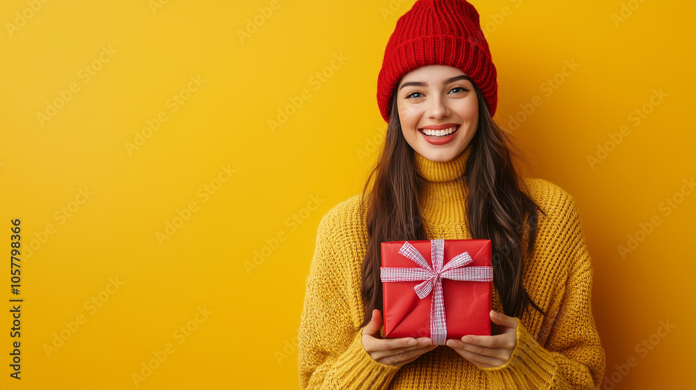 Smiling woman in winter attire holding a red gift box on a yellow background Smiling woman in winter attire holding a red gift box on a yellow background