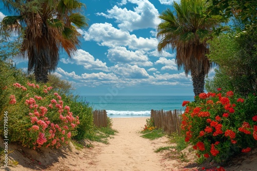 A vibrant path through tropical flowers leads to the tranquil beach under a b...
