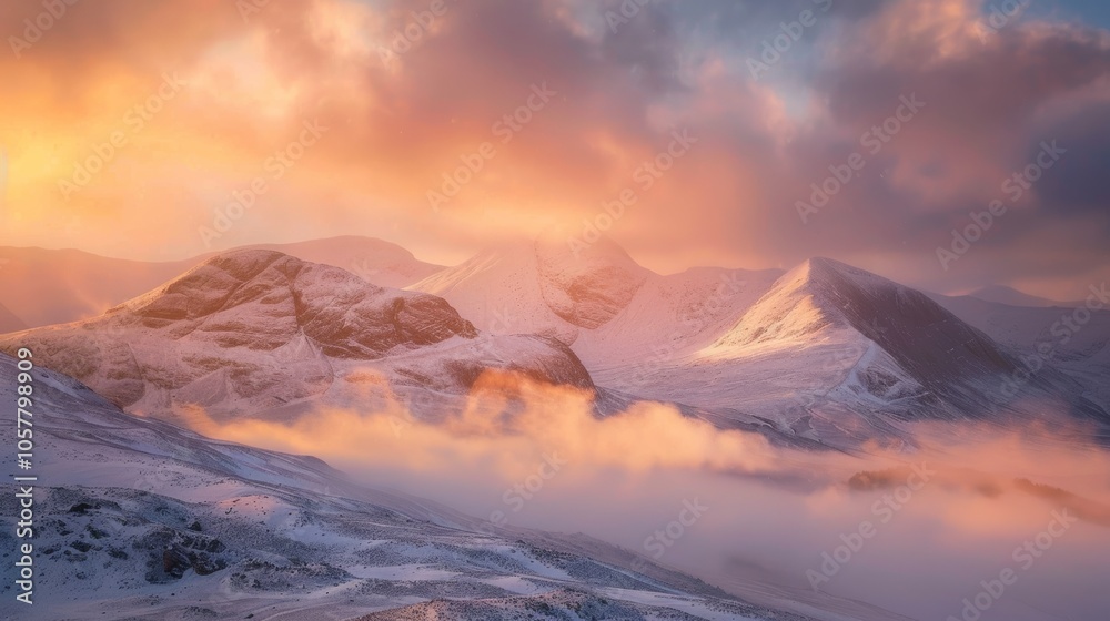 Naklejka premium Winter mountains at sunset, golden tones and misty clouds creating a serene view