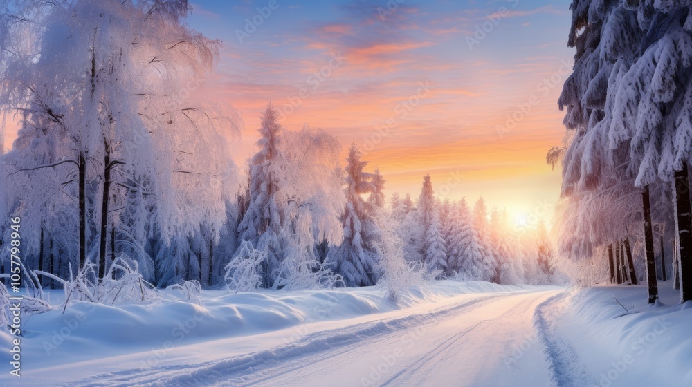Winter road framed by snow-covered trees, vibrant sunrise in the background, and ample copy space Winter road framed by snow-covered trees, vibrant sunrise in the background, and ample copy space