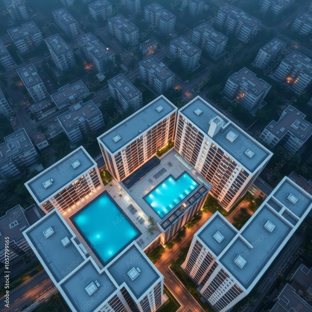 Aerial view condominium swimming pool residential complex among low-rise buildings Condominium 