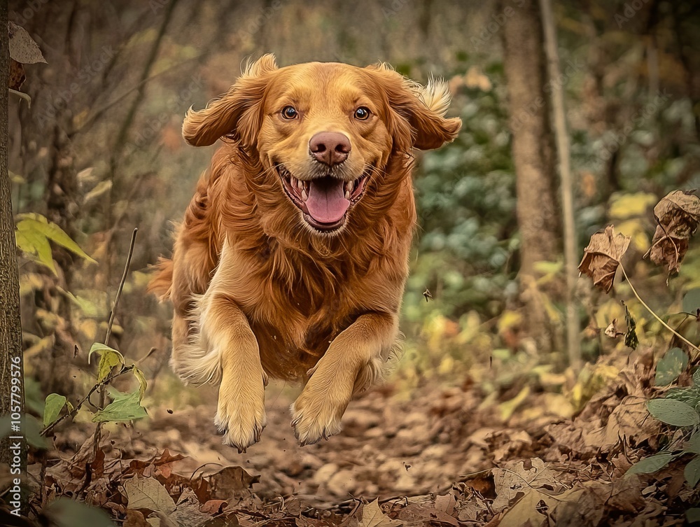 A dog running through the woods in the fall