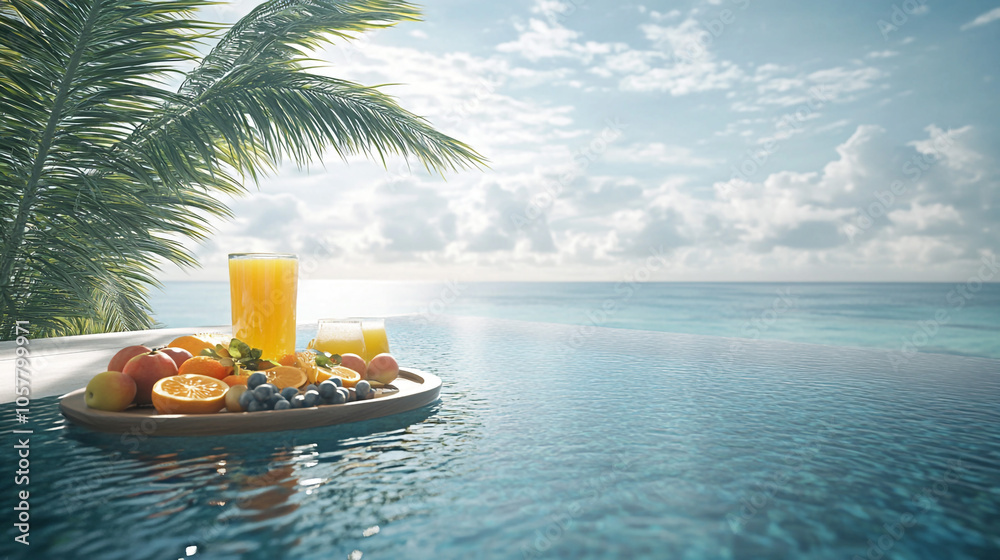 Fototapeta premium Tropical Poolside Breakfast with Orange Juice and Fruit Platter