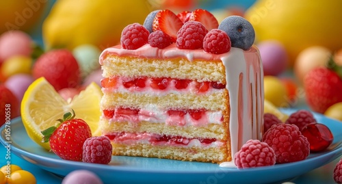 Colorful dessert with layers of cream and fresh fruits served on a light blue...