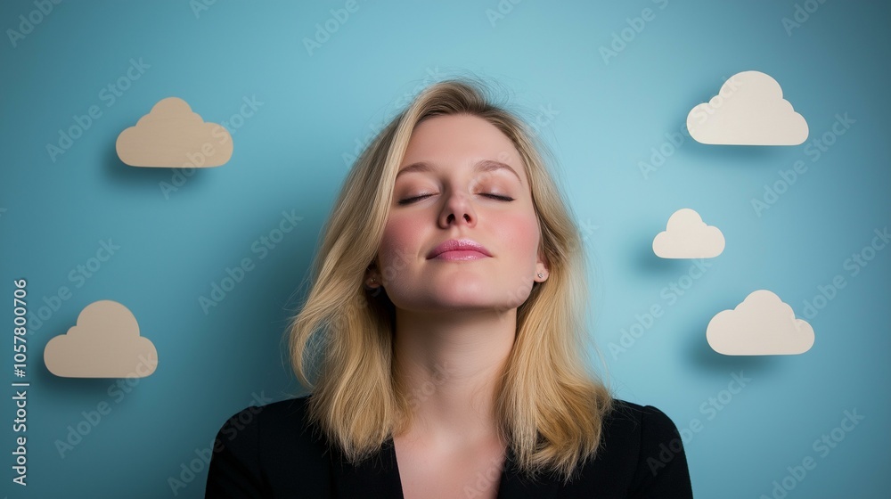 Serene woman with closed eyes enjoying a moment of calm against a dreamy blue background with clouds. Serene woman with closed eyes enjoying a moment of calm against a dreamy blue background with clouds.