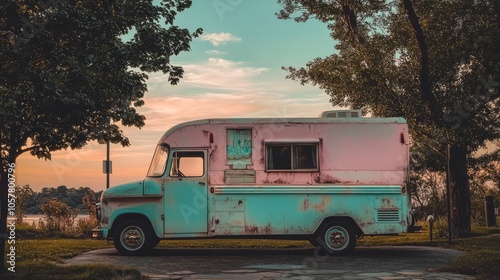 colourful ,old and rusty caravan on the road