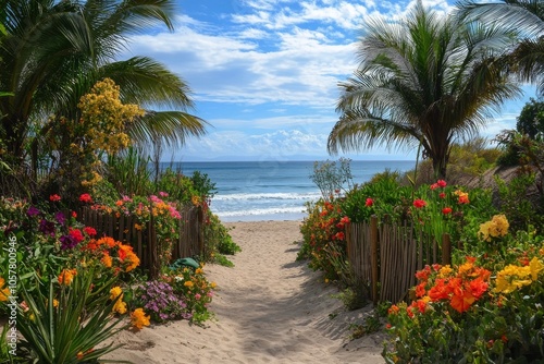 A vibrant path through tropical flowers leads to the tranquil beach under a b...