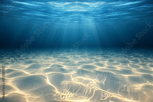 Sunlight glimmers on the sandy ocean floor in a peaceful underwater setting