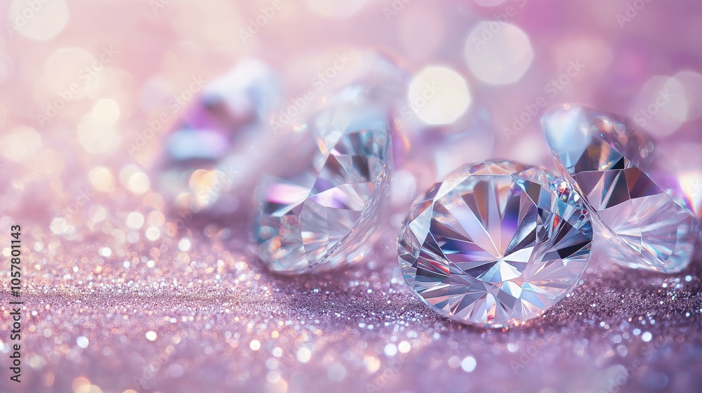 Sparkling diamonds on a shimmering, glittery surface with soft pink hues and radiant light reflections. Sparkling diamonds on a shimmering, glittery surface with soft pink hues and radiant light reflections.