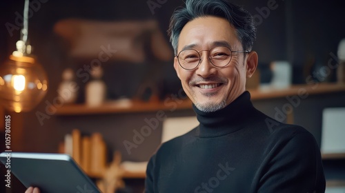 Professional Portrait of an Engaging East Asian Male Creative Director: 45, Black Turtleneck, with Tablet in Design Studio, Cinematic Lighting, Photorealistic 8K Quality. photo