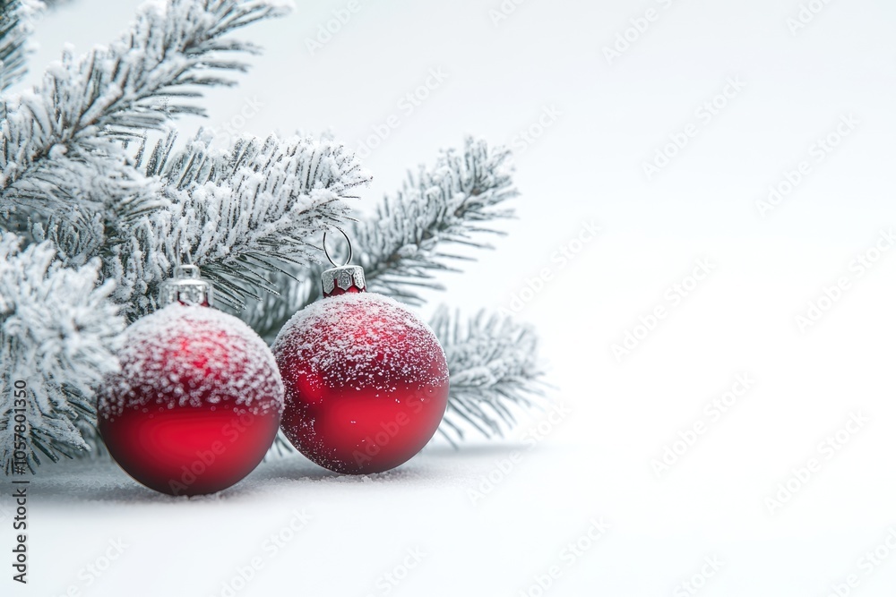Obraz premium Christmas tree branch with red ornaments on snowy background.