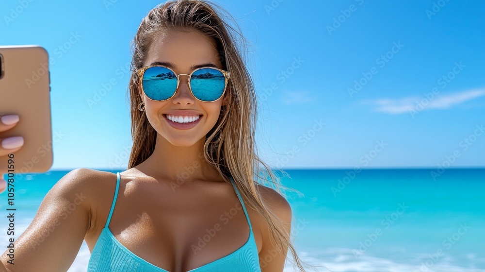 Woman Smiling While Taking Selfie at Beach Woman Smiling While Taking Selfie at Beach