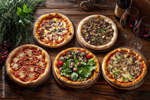 A delightful assortment of various pizzas on wooden platters with salad and d...