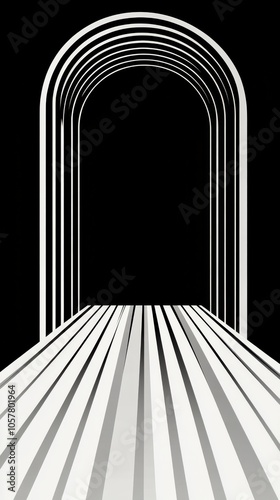 A minimalist corridor with bold stripes and arched ceiling design in monochro...
