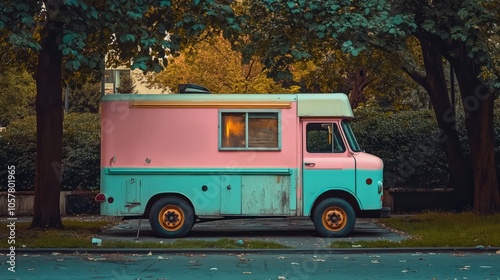 colourful ,old and rusty caravan on the road