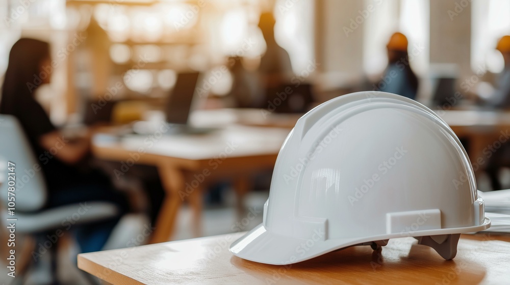 White hard hat on a desk in a bustling office, symbolizing construction and teamwork. White hard hat on a desk in a bustling office, symbolizing construction and teamwork.