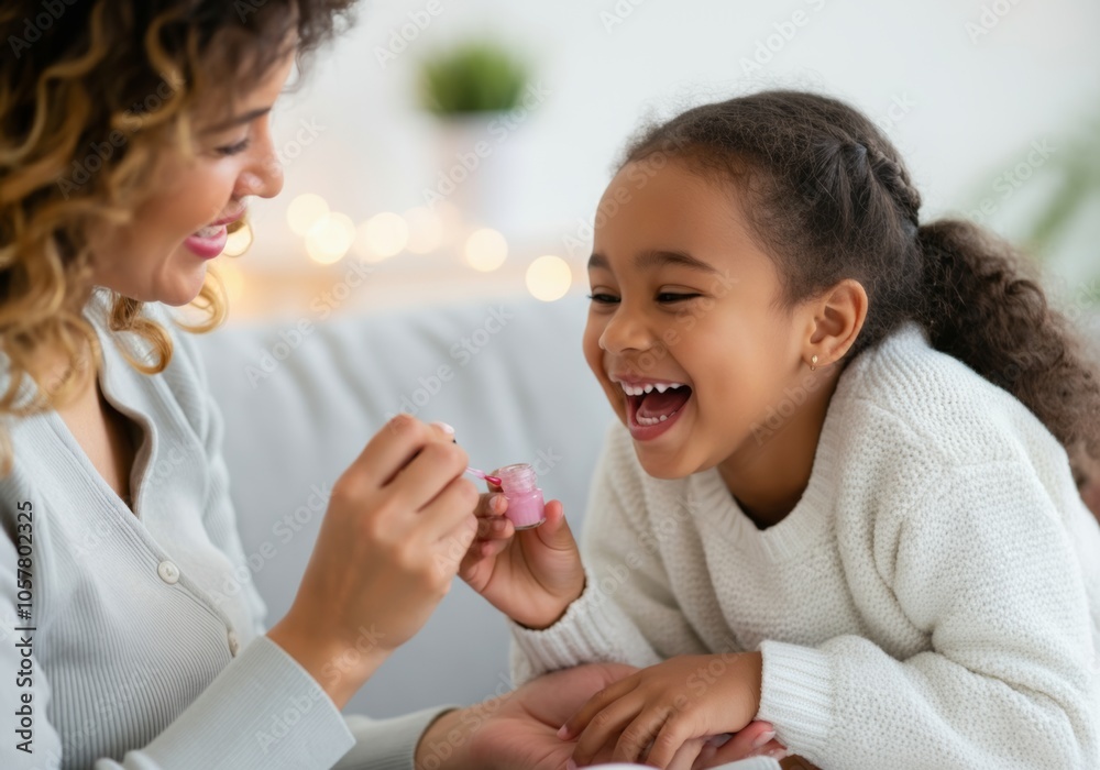 Mother and daughter laugh while painting nails at home in cozy setting. Mother and daughter laugh while painting nails at home in cozy setting.