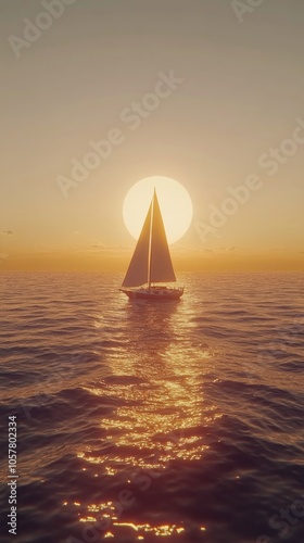 A sailboat gliding across calm waters at sunset with a large sun glowing in t...