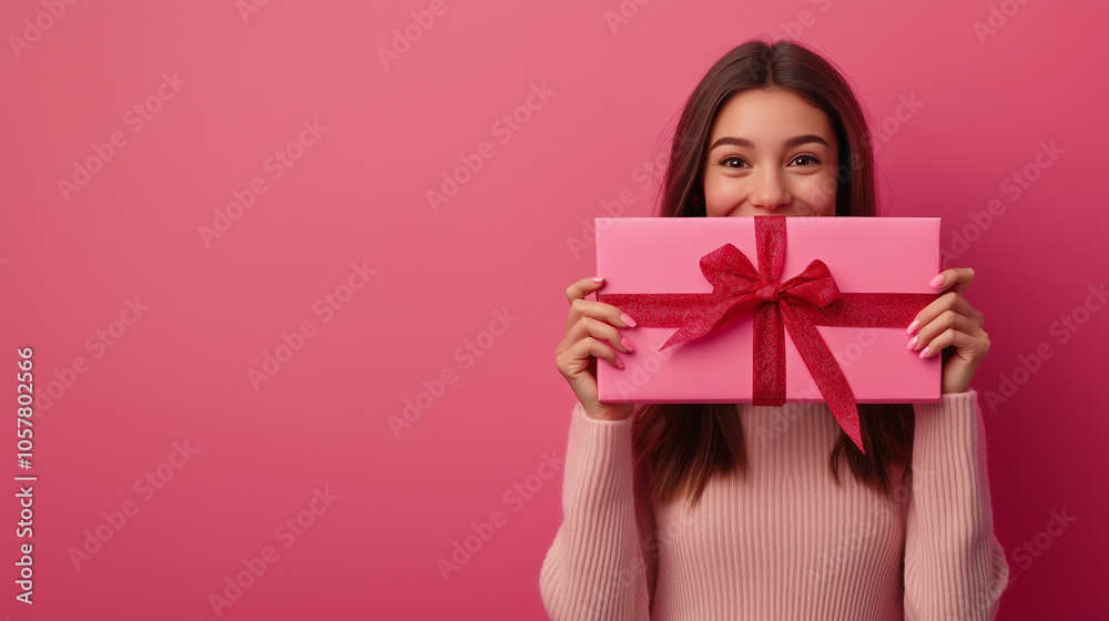 Smiling woman holding a pink gift box with red ribbon on matching pink background. Minimal banner with empty copy space Smiling woman holding a pink gift box with red ribbon on matching pink background. Minimal banner with empty copy space