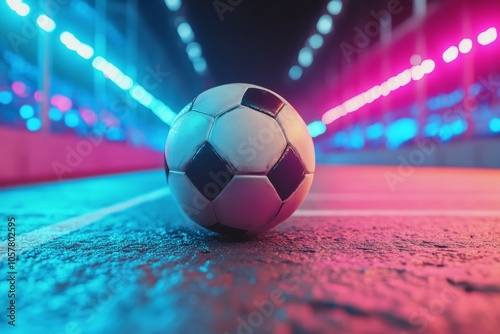 A vibrant soccer ball placed on the pitch illuminated by colorful stadium lig...