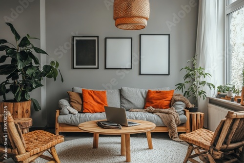 Cozy living room with modern decor, plants, and a laptop on a coffee table