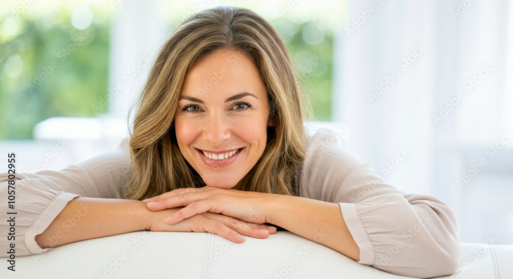 Smiling woman relaxing on white sofa with bright natural light background. Smiling woman relaxing on white sofa with bright natural light background.