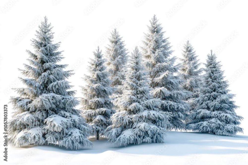 Group of frosty spruce trees in snow isolated on white Group of frosty spruce trees in snow isolated on white
