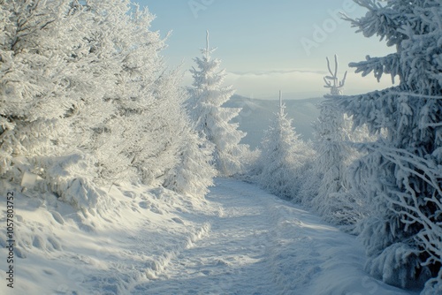 Fototapeta Naklejka Na Ścianę i Meble -  Winter landscape with snow covered trees in Beskidy Mountains  Poland.