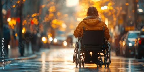 accessible urban environment, a young woman in a wheelchair effortlessly maneuvering through city streets due to modern accessible infrastructure and urban design