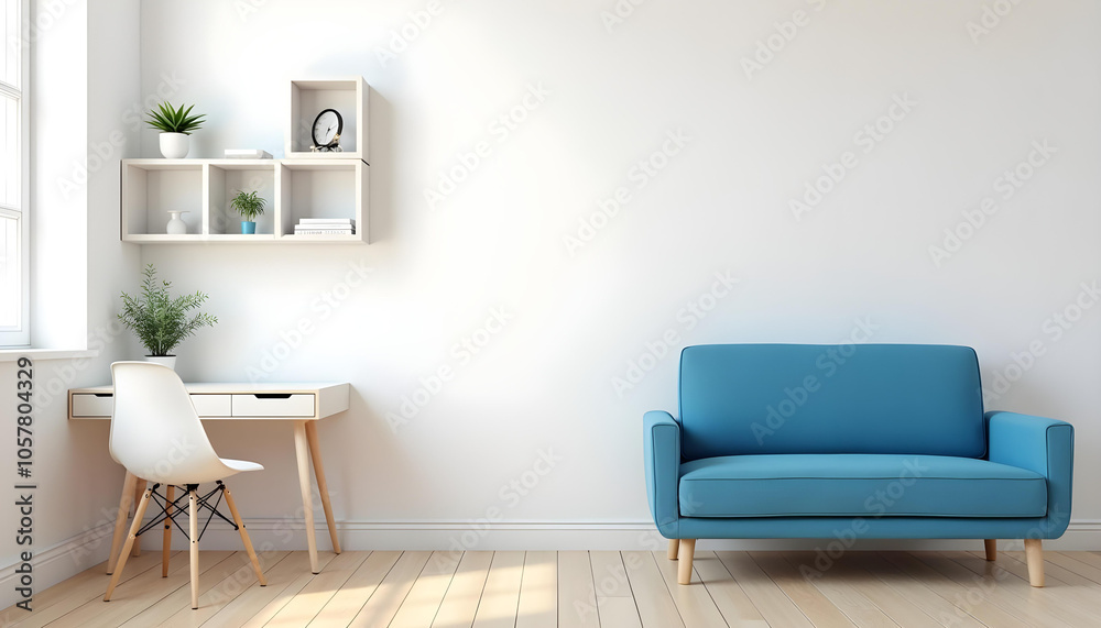 Simple white room with wooden floor, white desk with chair, square shelves above it and blue couch Simple white room with wooden floor, white desk with chair, square shelves above it and blue couch