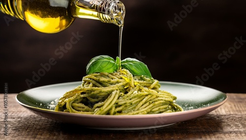 pouring oil on a dish of spaghetti al pesto, AI generated photo