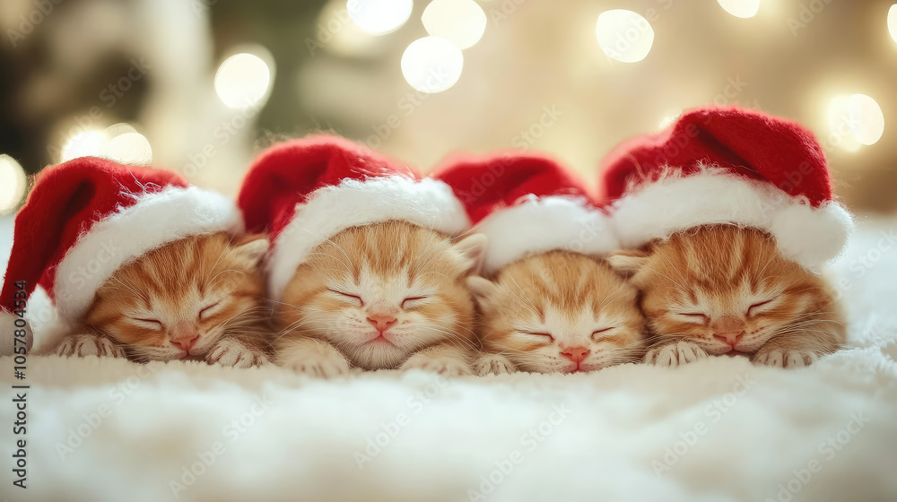little sleeping kittens in Santa Claus hats on a blurred background, christmas, new year, xmas, cats, cute pet, domestic animal, banner little sleeping kittens in Santa Claus hats on a blurred background, christmas, new year, xmas, cats, cute pet, domestic animal, banner