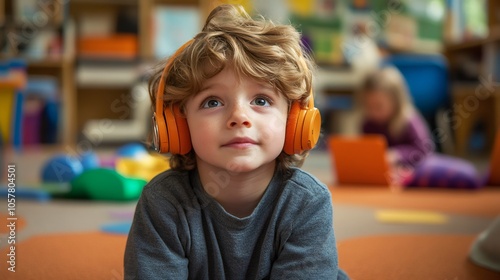 a child wearing hearing aids happily engaged in storytime with friends in a supportive inclusive classroom with adapted materials photo