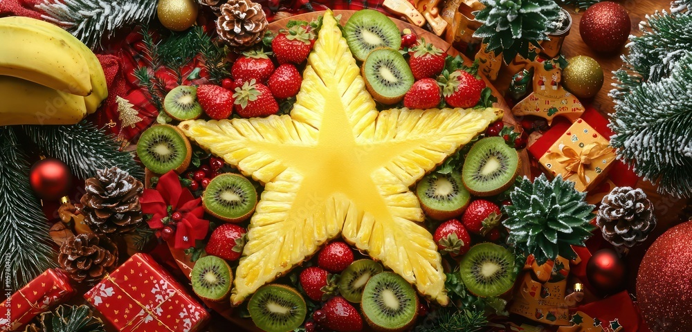 A bright and colorful fruit platter shaped like a Christmas star, with slices of pineapple, kiwi, and strawberries