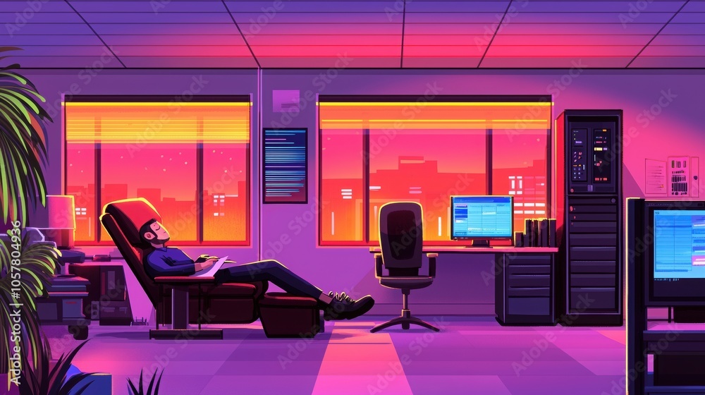 A serene office scene at dusk, featuring a person relaxing in a chair with vibrant city lights illuminating the backdrop. A serene office scene at dusk, featuring a person relaxing in a chair with vibrant city lights illuminating the backdrop.